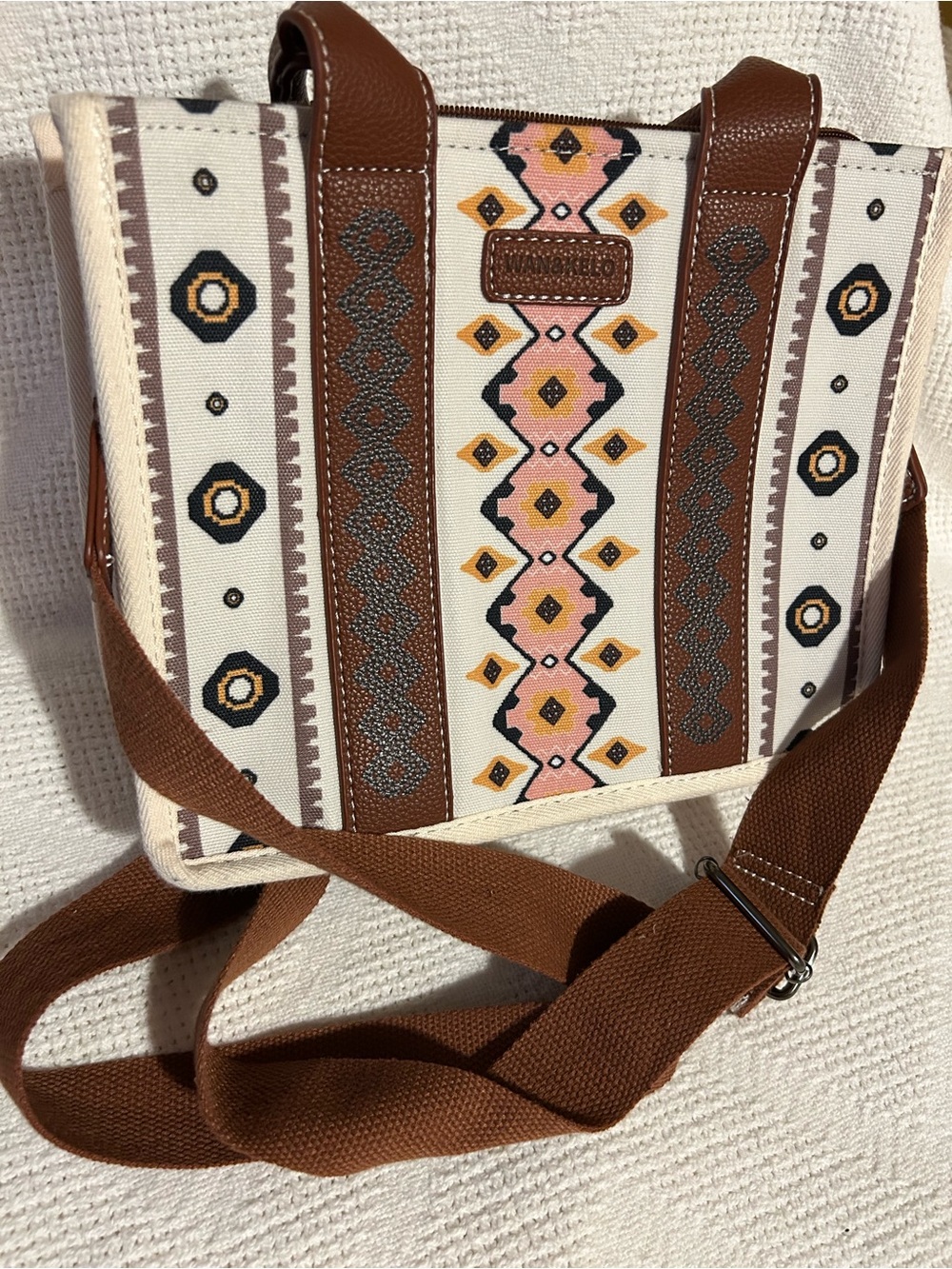 Embroidered Canvas Crossbody Bag - Brown & Pink